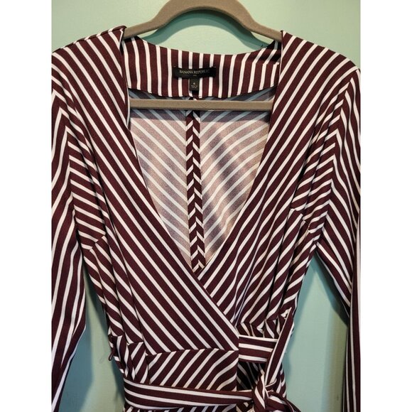 Banana Republic Burgundy White Stripe Long Sleeve Wrap Dress Sz 6 - Picture 4 of 9